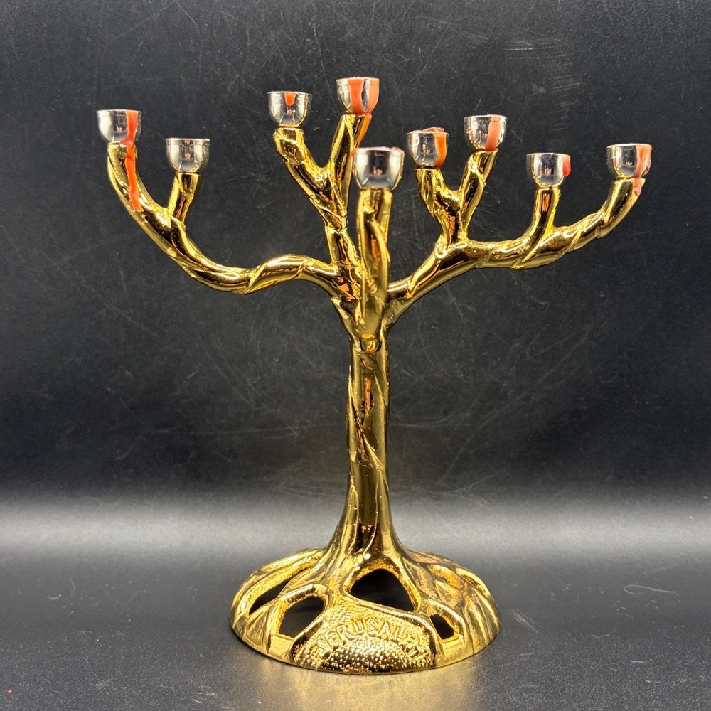 Tree of Life Jerusalem Gold & Silver Tn Metal Candelabra Menorah Candle Holder - Picture 12 of 14